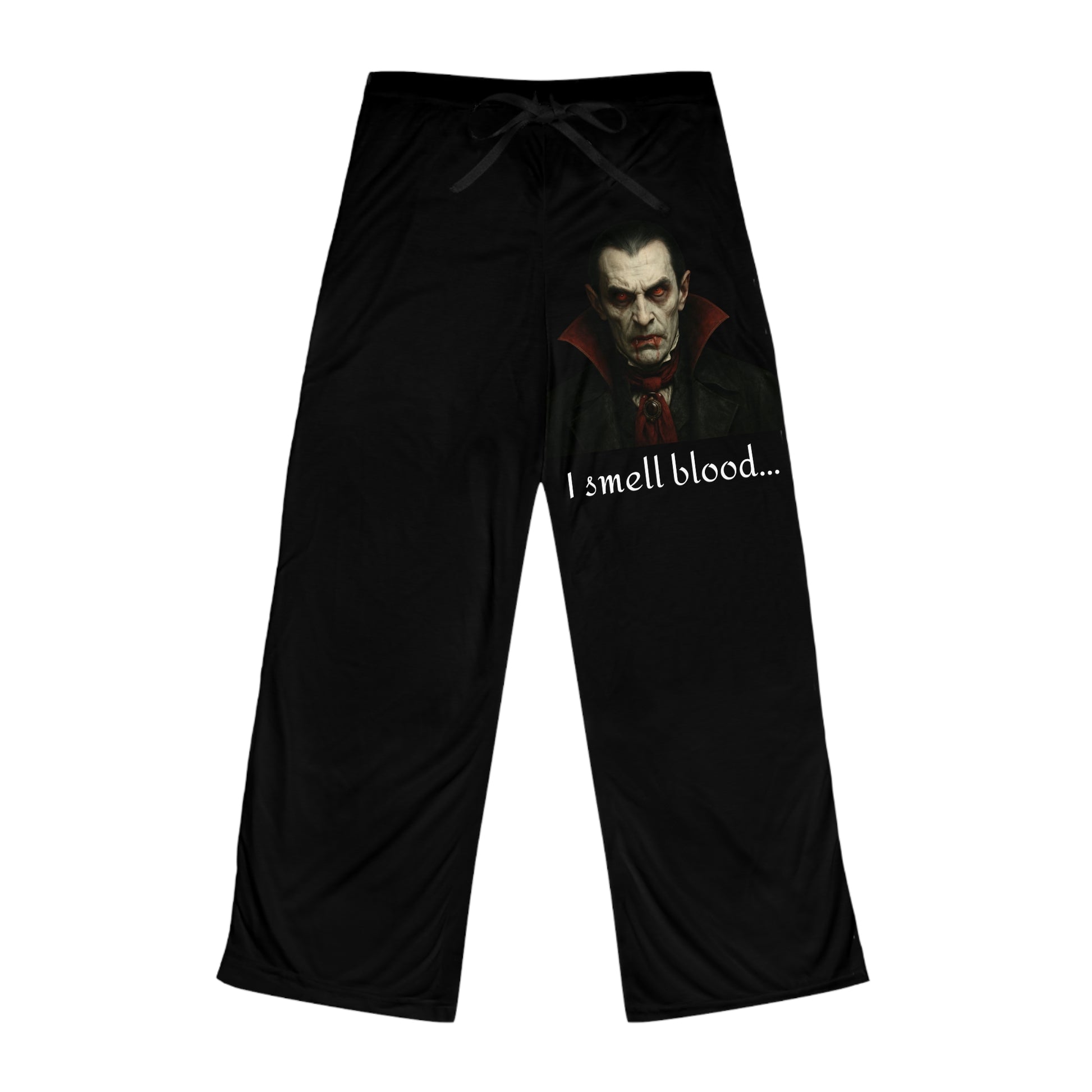 Women's Vampire Sleep Pants with "I Smell Blood" all-over print, comfortable pajama bottoms from Printify featuring spooky vampire design.
