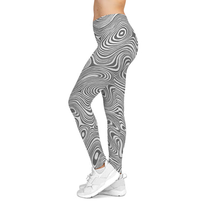 Black and white swirl print leggings featuring an abstract monochrome all-over design by Printify, shown on a model.