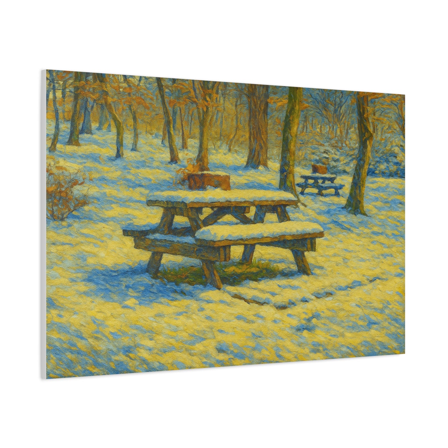 Winter picnic canvas print by Printify featuring a snow-covered park bench in a serene winter scene.