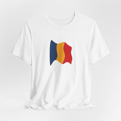 Romania flag T-shirt by Printify featuring a minimal waving tricolor design on a casual tee.