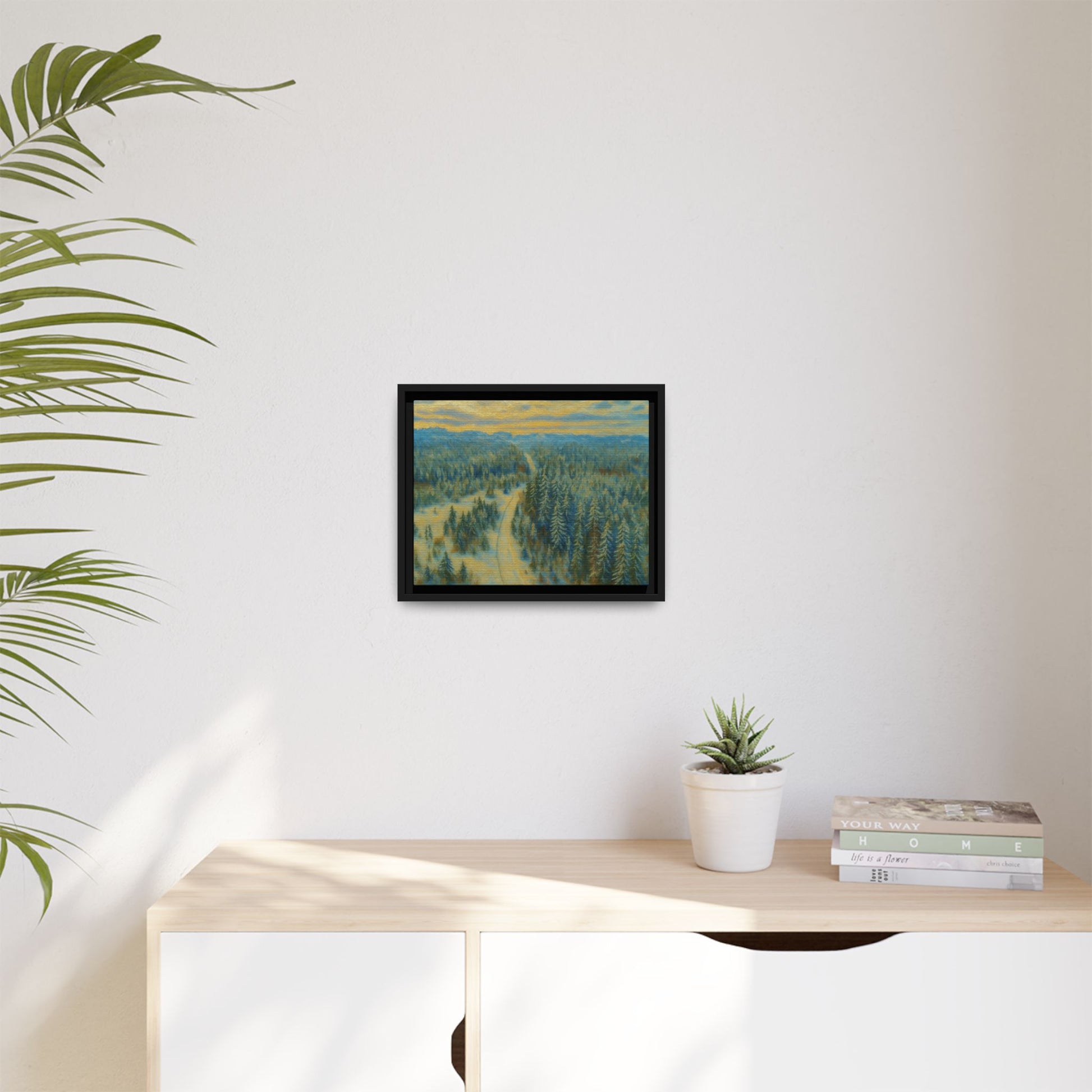 Framed matte canvas print of a serene winter forest landscape by Printify, showcasing snowy trees and peaceful woodland scenery.
