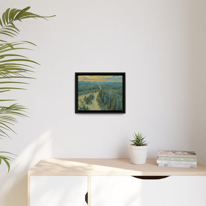 Framed matte canvas print of a serene winter forest landscape by Printify, showcasing snowy trees and peaceful woodland scenery.