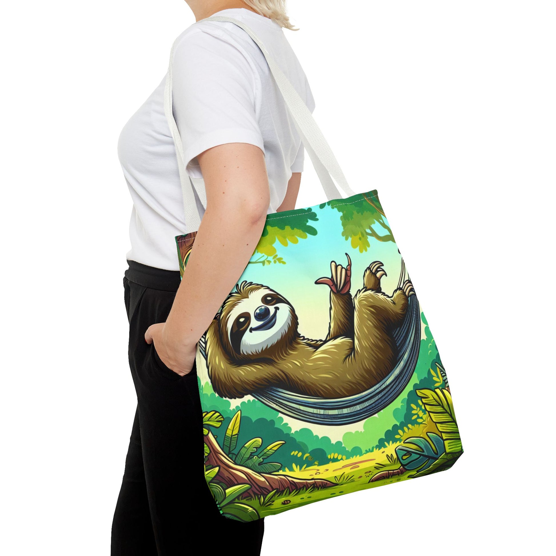 Cute eco-friendly sloth tote bag featuring a playful sloth design, perfect for animal lovers and casual outings.