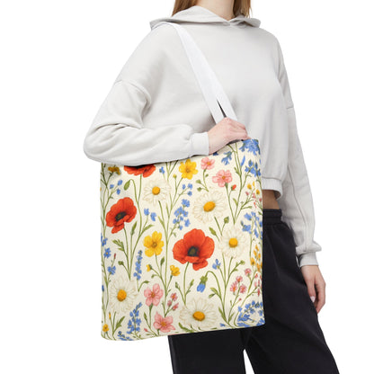 Wildflower Poppy print tote bag by Printify featuring a floral all-over pattern on durable fabric.