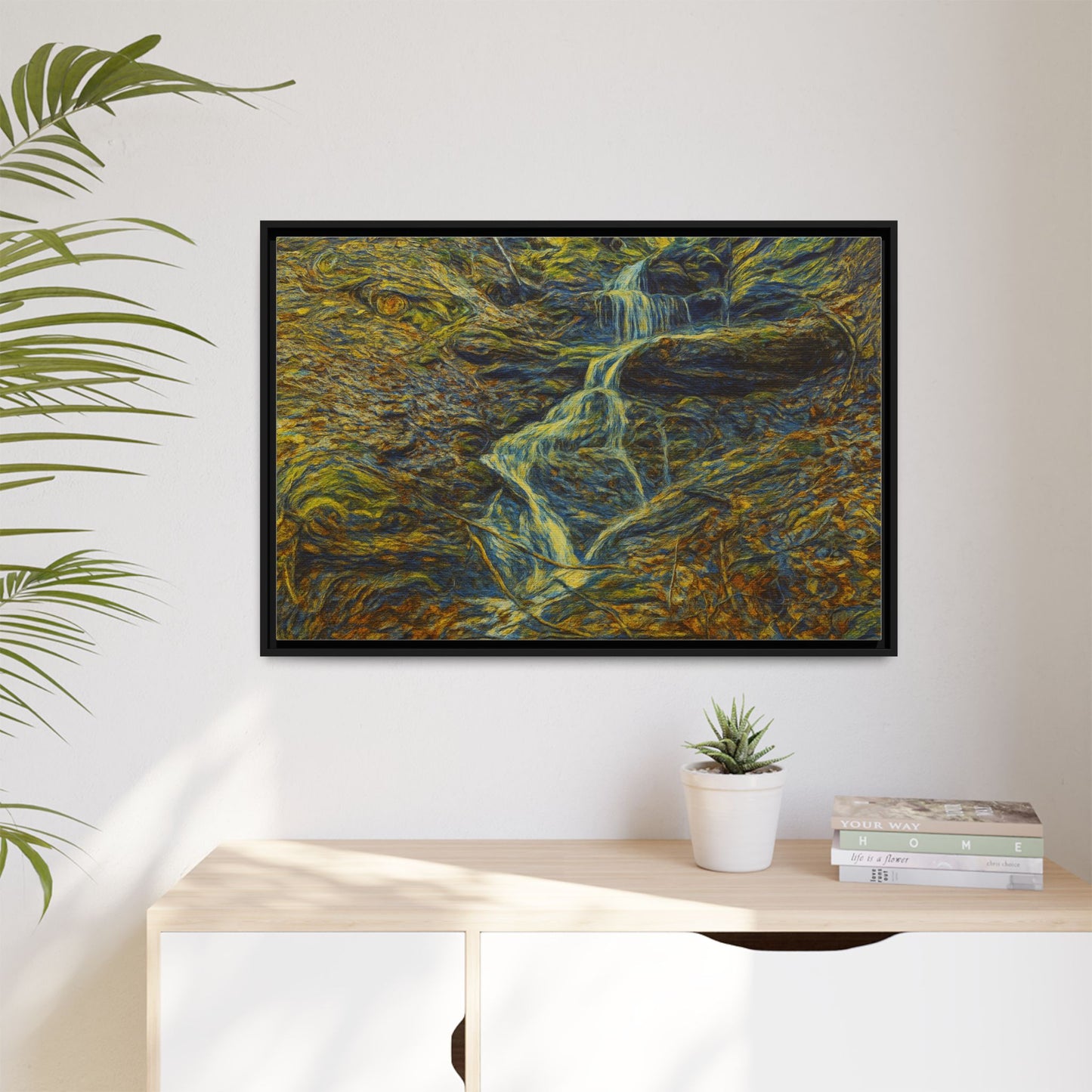 Framed matte canvas wall art featuring a vibrant autumn forest with a waterfall, by Printify.