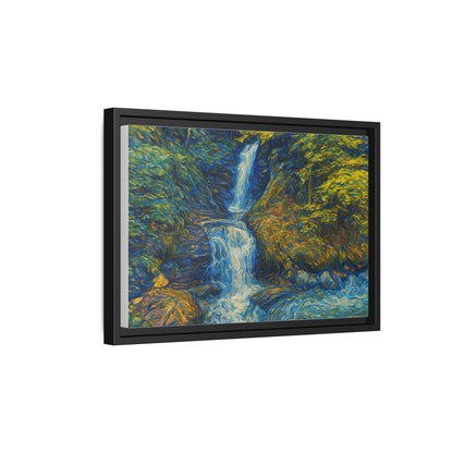 Framed matte canvas print of impressionist waterfall wall art by Printify, showcasing vibrant water and natural landscape details.