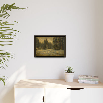 Framed matte canvas wall art depicting a winter forest landscape with snow-covered trees and serene natural scenery.
