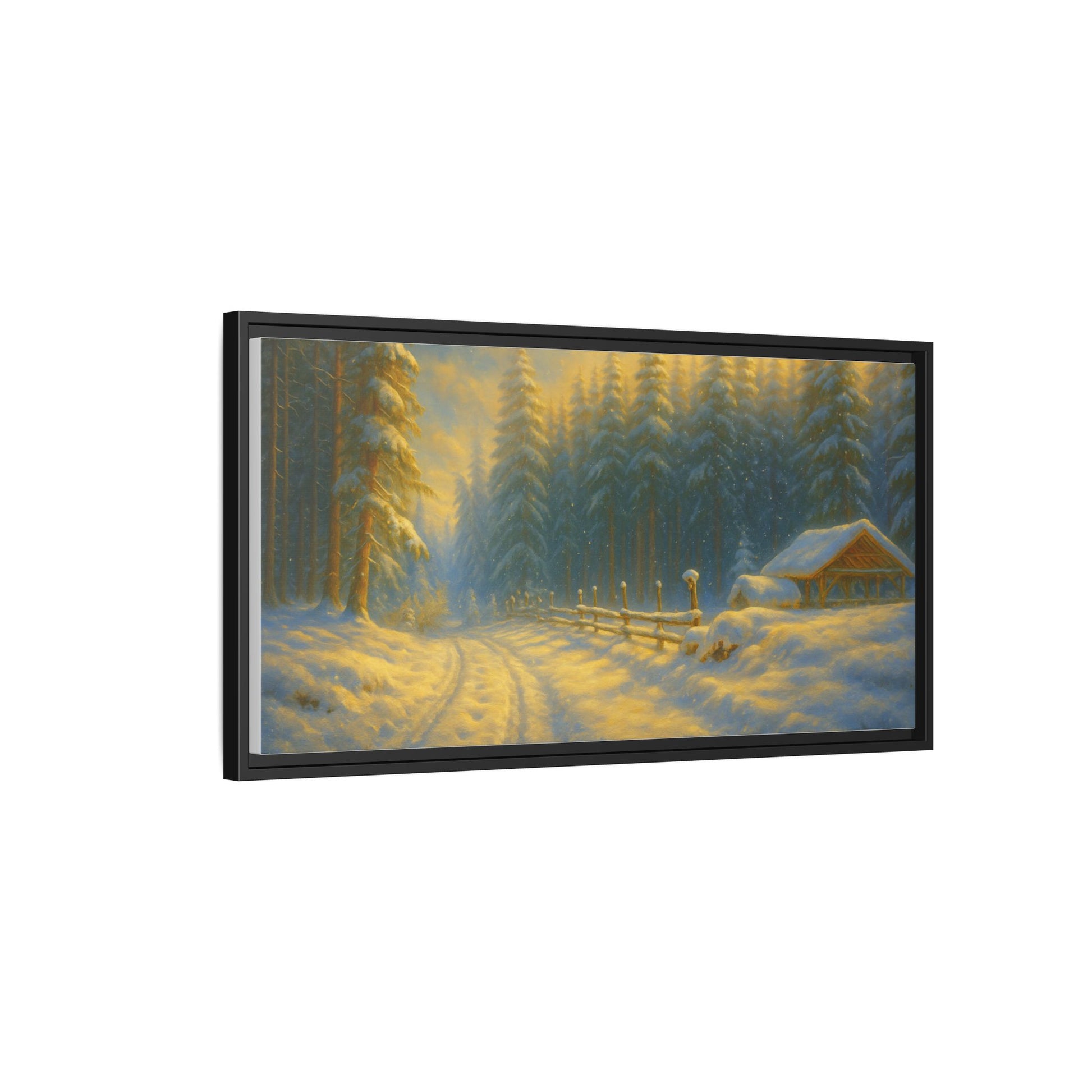Framed winter cabin canvas print featuring a snowy forest sunset, wall art by Printify showcasing a serene winter landscape.