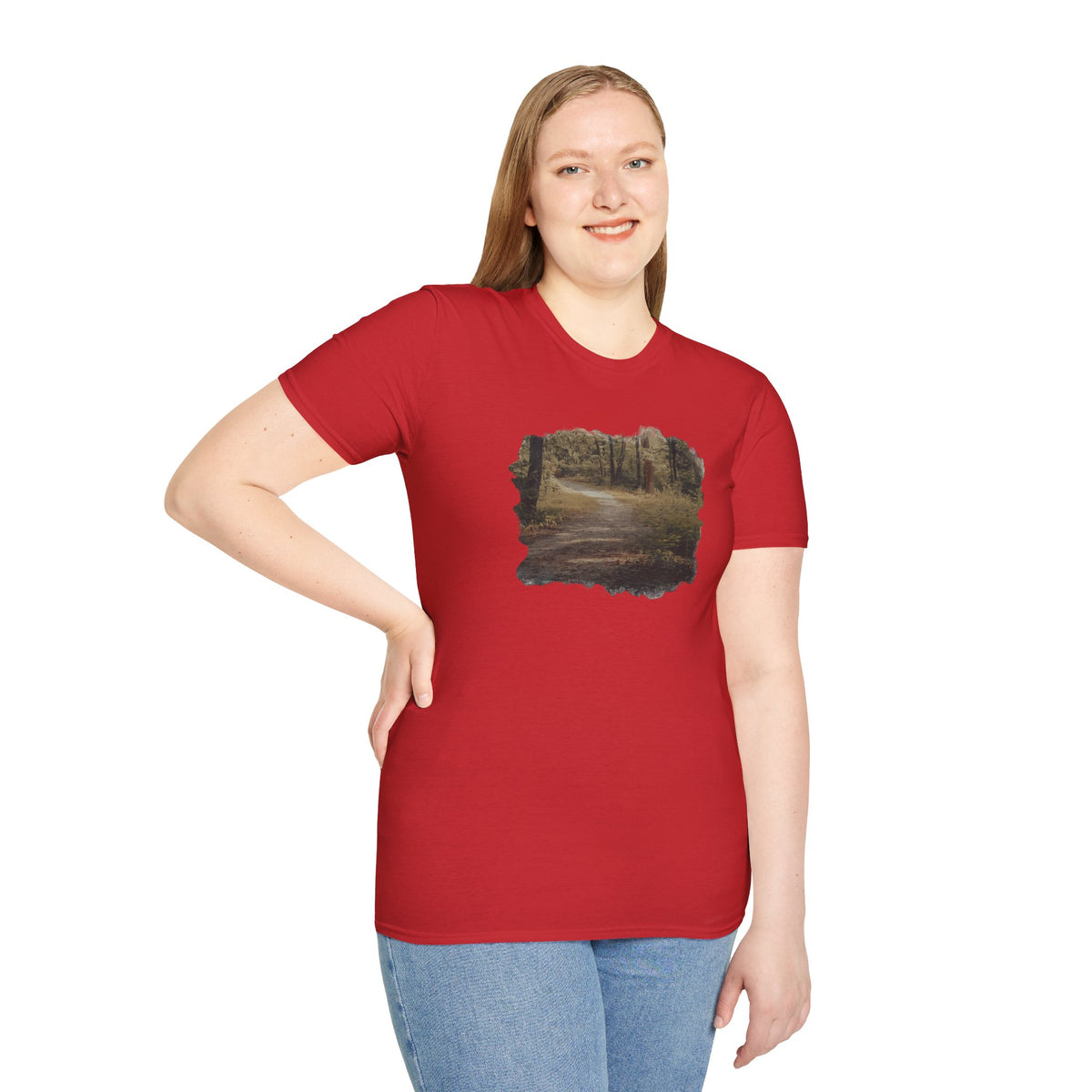 Vintage forest landscape T-Shirt featuring a nature pathway design on a Printify T-shirt, showcasing outdoor scenery.