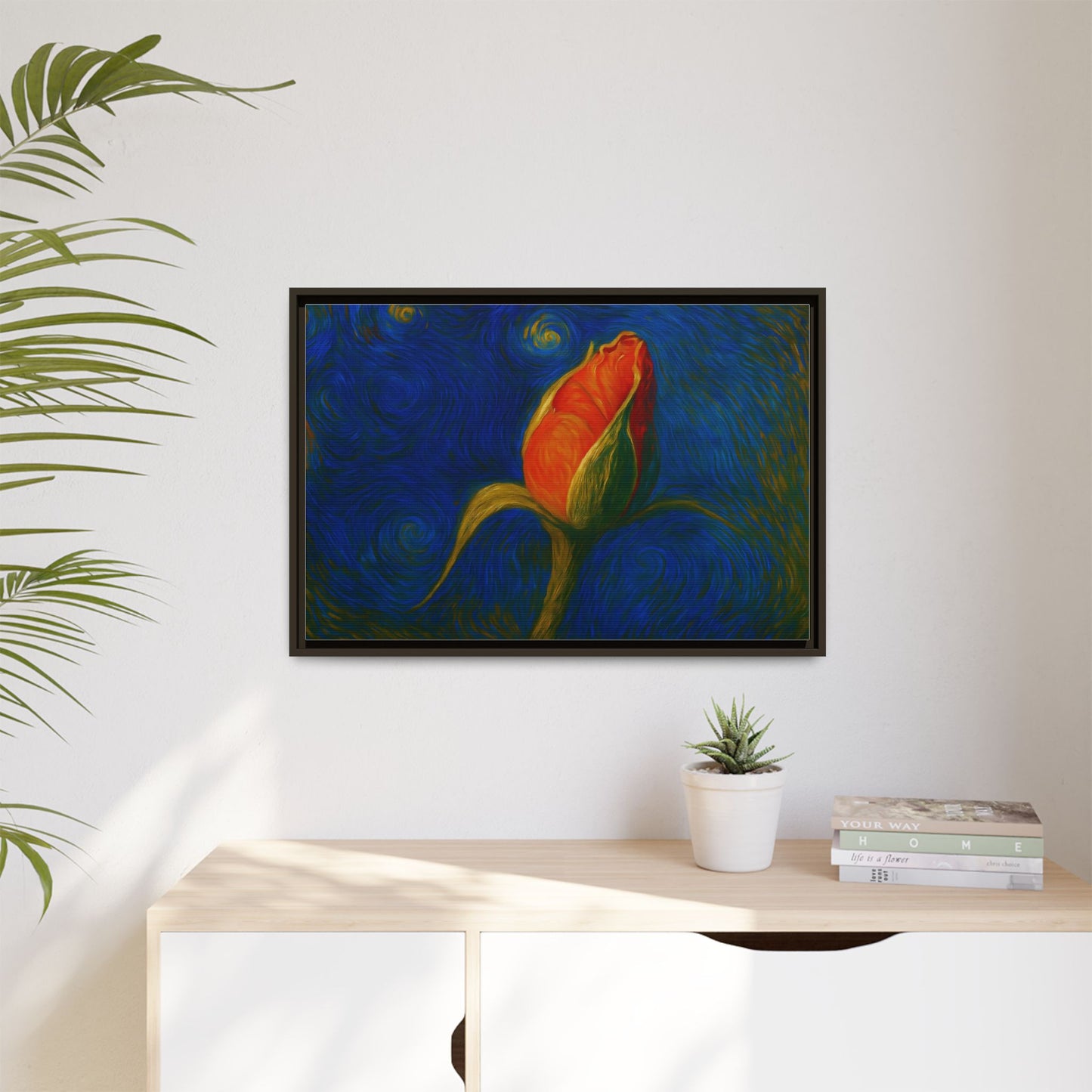 Red rose bud painting on framed canvas wall art by Printify, featuring vibrant red roses in a matte floral design.