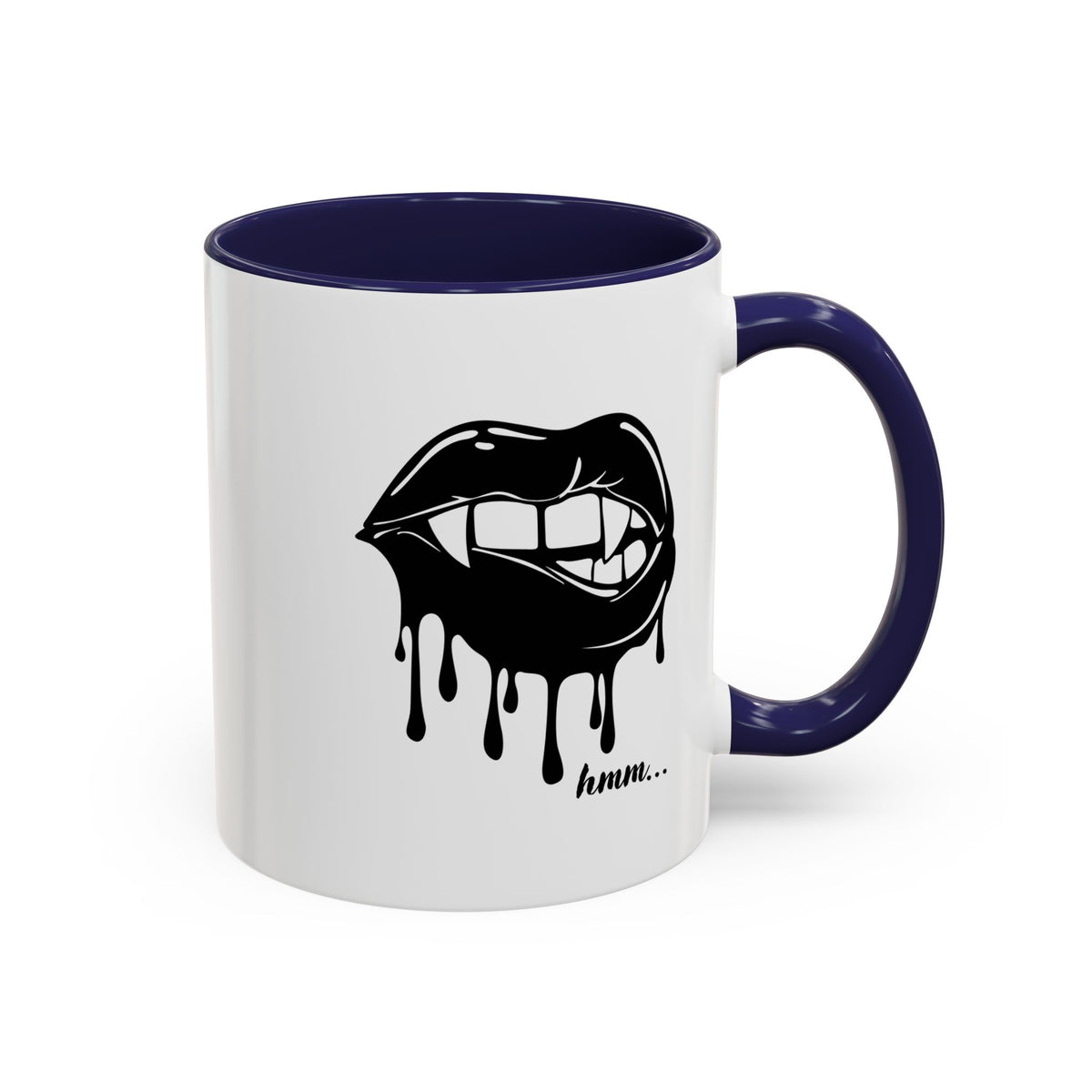 Black dripping lips accent coffee mug with bite graphic, available in 11oz or 15oz sizes, by Printify.