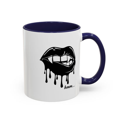 Black dripping lips accent coffee mug with bite graphic, available in 11oz or 15oz sizes, by Printify.