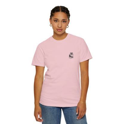 Cozy Cat on Books T-Shirt | Reading Tea Stack Illustration