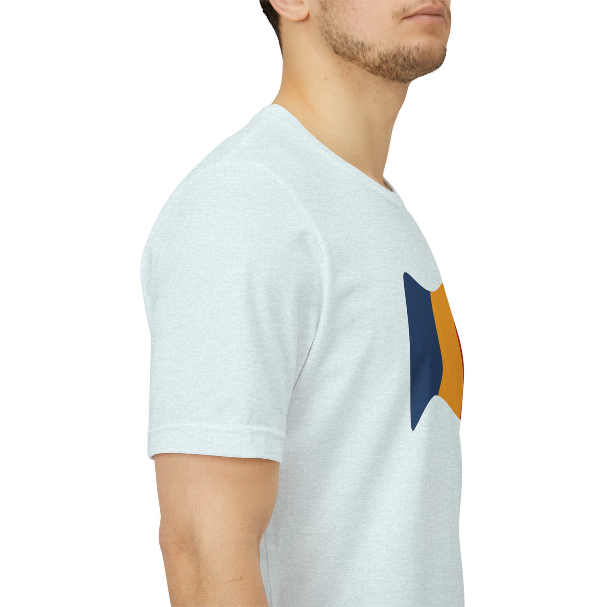Romania flag T-shirt by Printify featuring a minimal waving tricolor design on a casual tee.