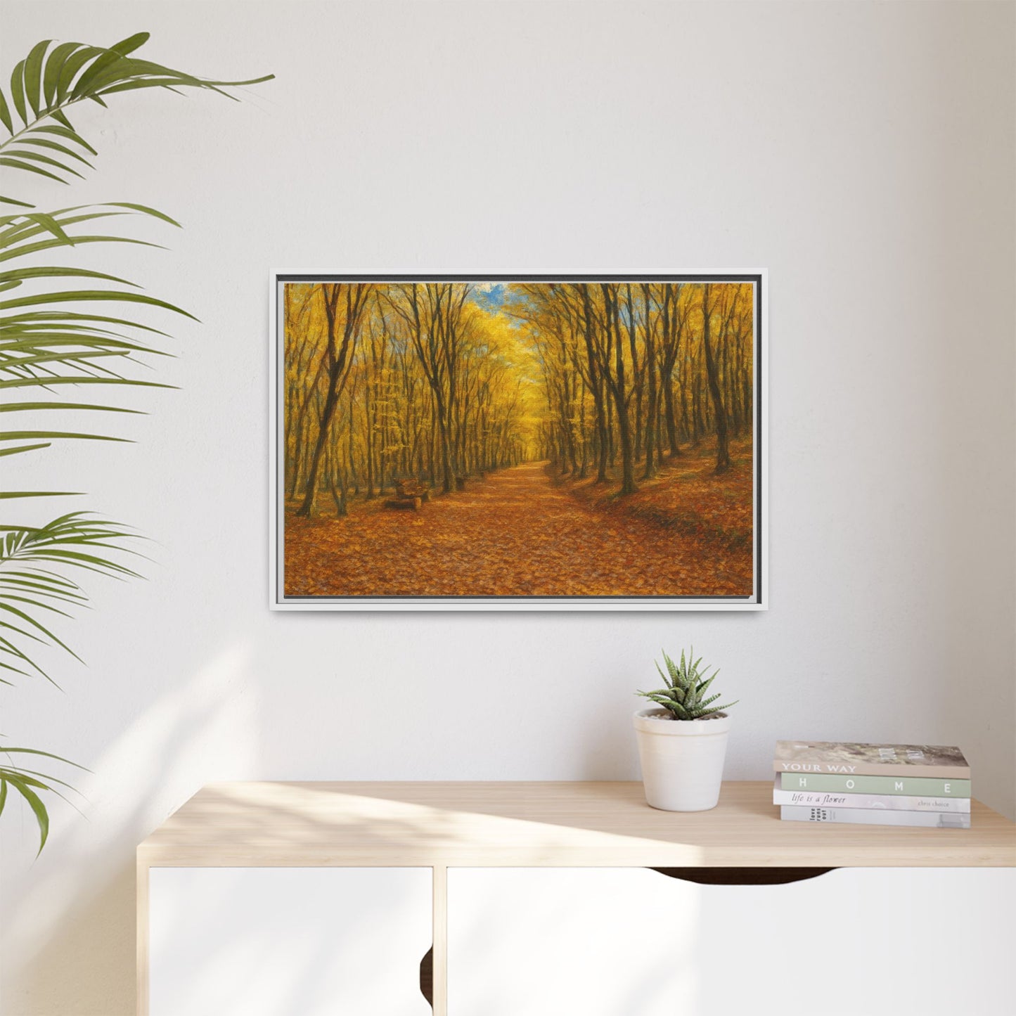 Autumn forest path matte canvas framed wall art by Printify showing a scenic woodland trail in fall colors.