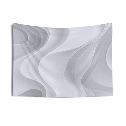 Abstract white wave tapestry showcasing modern minimalist wall art with flowing wave design on a neutral background.