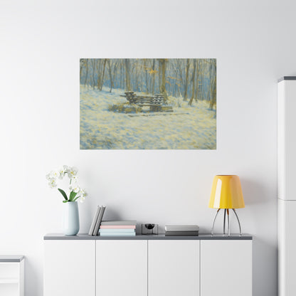 Snowy park bench matte canvas print featuring winter woodland scene, stretched 1.25-inch wall art by Printify.