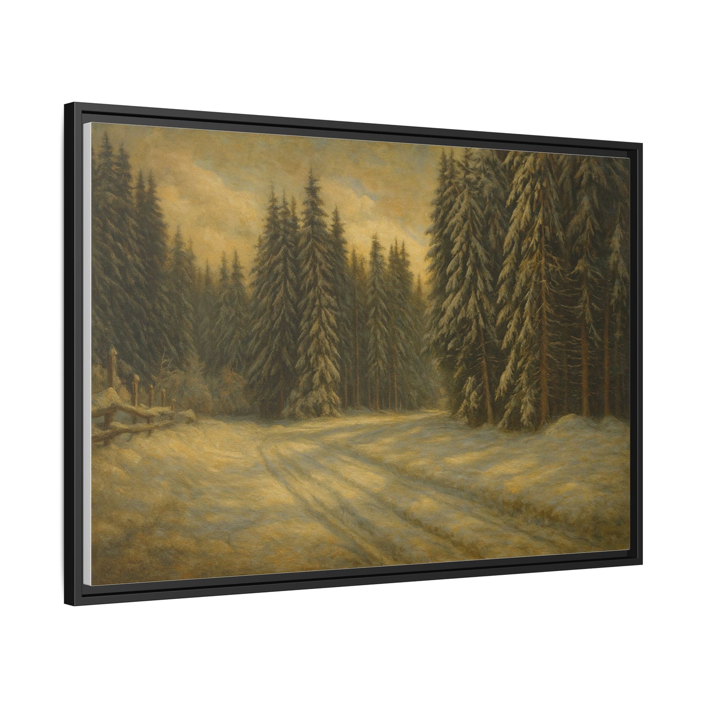 Framed matte canvas wall art of a winter forest landscape, featuring snow-covered trees and a serene woodland scene.