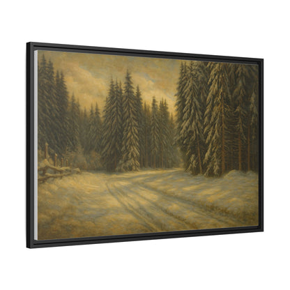 Framed matte canvas wall art of a winter forest landscape, featuring snow-covered trees and a serene woodland scene.