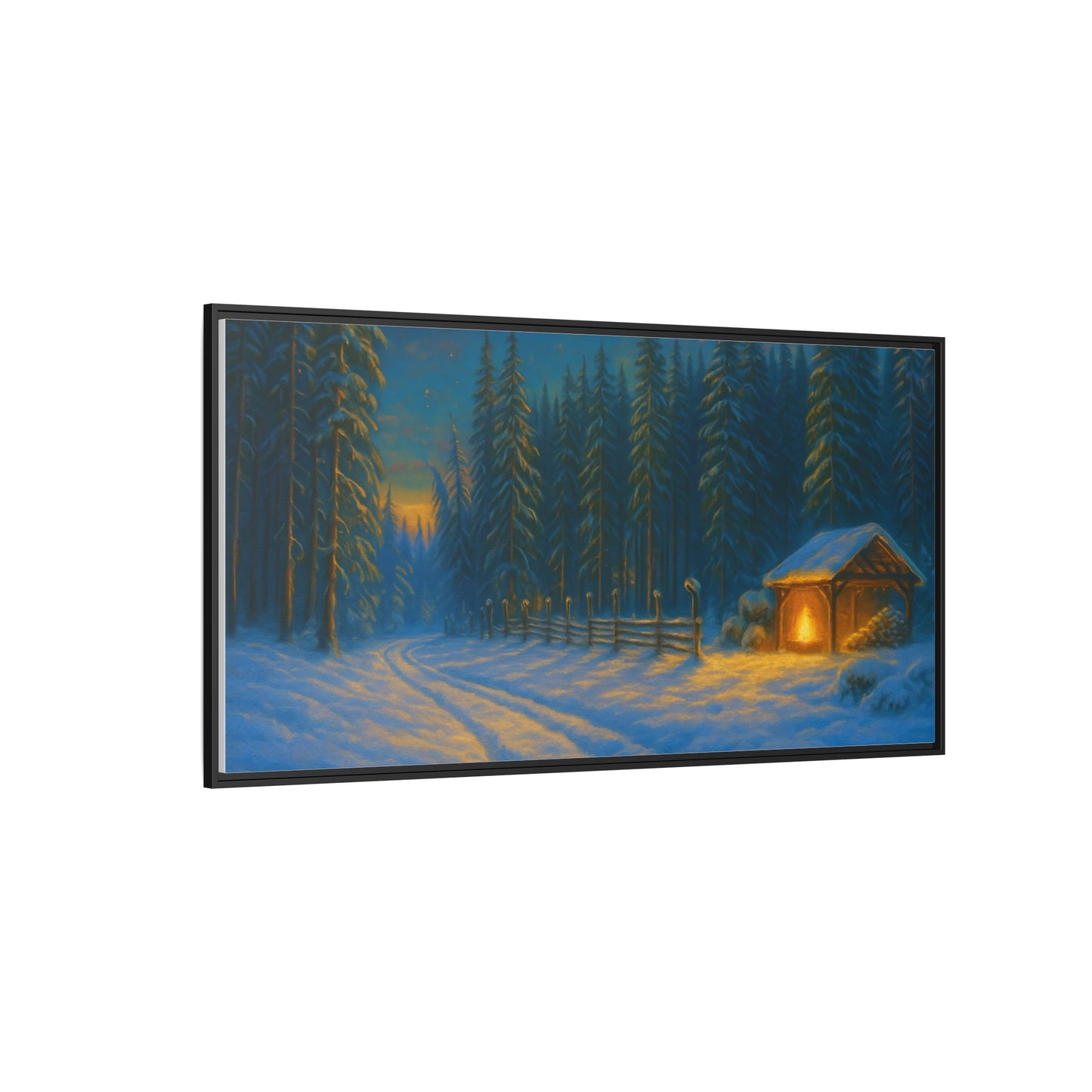 Cozy winter cabin matte framed canvas wall art featuring a snowy forest evening scene, ideal for winter home decor.
