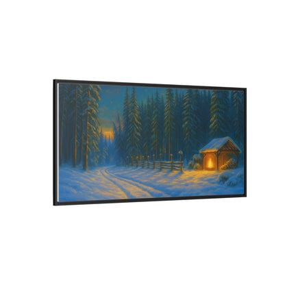 Cozy winter cabin matte framed canvas wall art featuring a snowy forest evening scene, ideal for winter home decor.