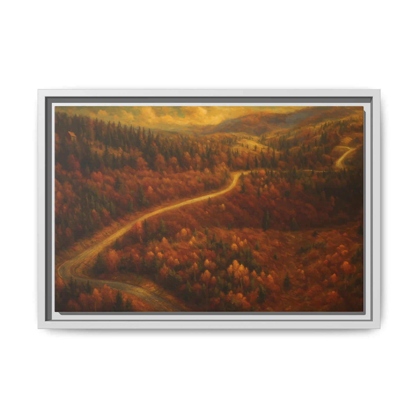 Framed matte canvas print of autumn forest road landscape wall art by Printify, showcasing vibrant fall trees and a scenic pathway.