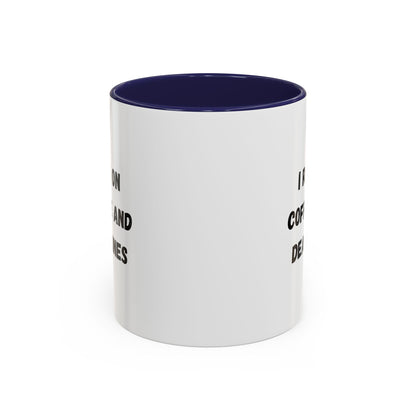 White ceramic coffee mug with black text that reads "I Run on Coffee and Deadlines," designed by Printify.