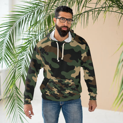 Green woodland camouflage hoodie with all-over print design by Printify, featuring a cozy pullover style.