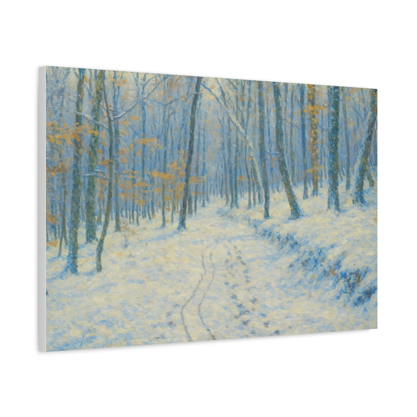 Winter woodland canvas print by Printify featuring a snowy forest scene on matte stretched wall art.