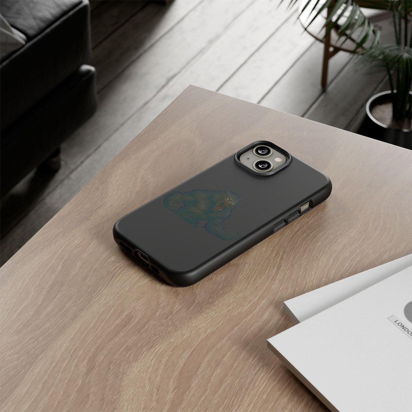 Dark monster graphic werewolf phone case by Printify, tough protective design for smartphone protection.