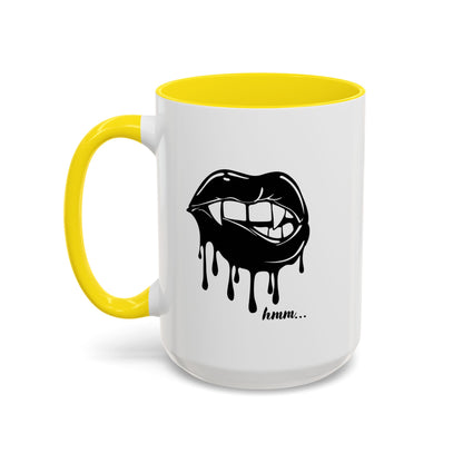 Black Dripping Lips Accent Coffee Mug with Bite graphic, 11oz or 15oz, featuring bold lip design on ceramic mug.