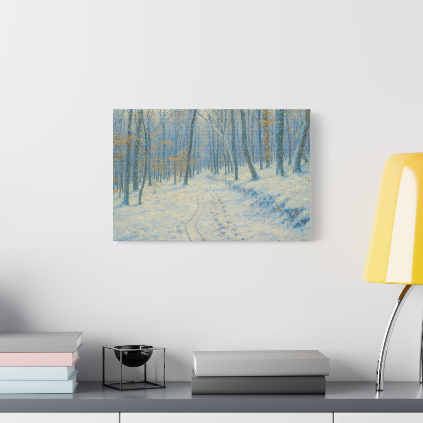 Winter woodland canvas print featuring a snowy forest scene, matte stretched wall art by Printify.