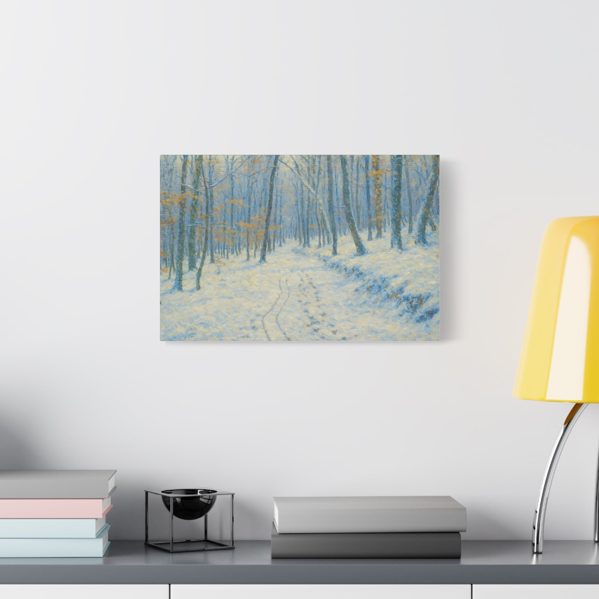 Winter woodland canvas print featuring a snowy forest scene, matte stretched wall art by Printify.