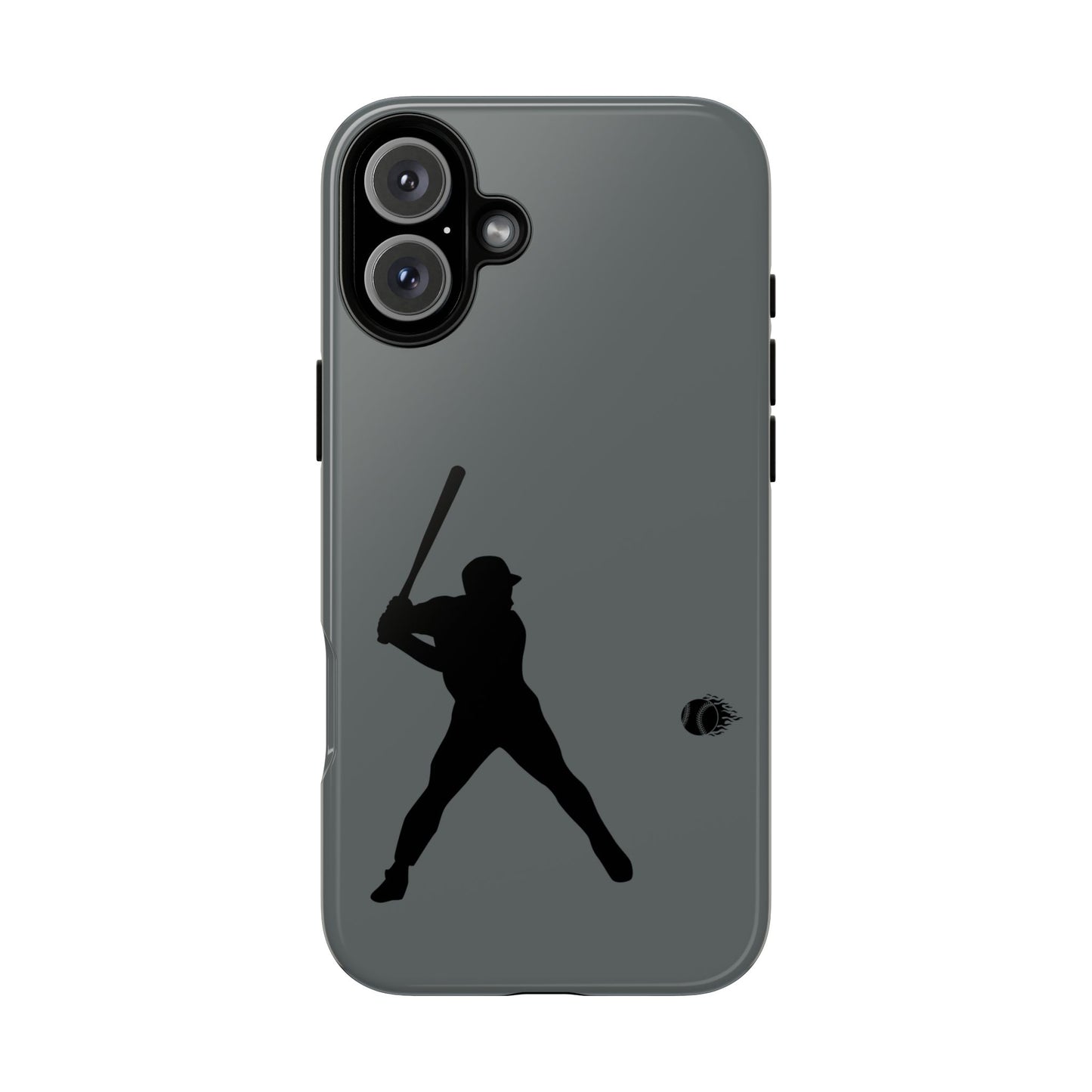 Black iPhone case with white baseball silhouette print, rugged protective design, suitable for sporty and casual use.