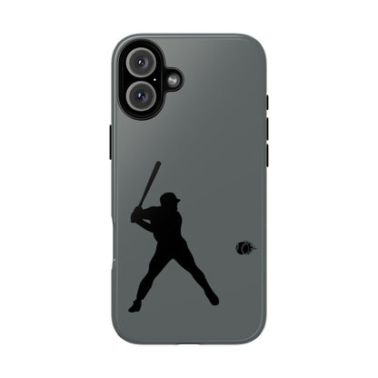Black iPhone case with white baseball silhouette print, rugged protective design, suitable for sporty and casual use.