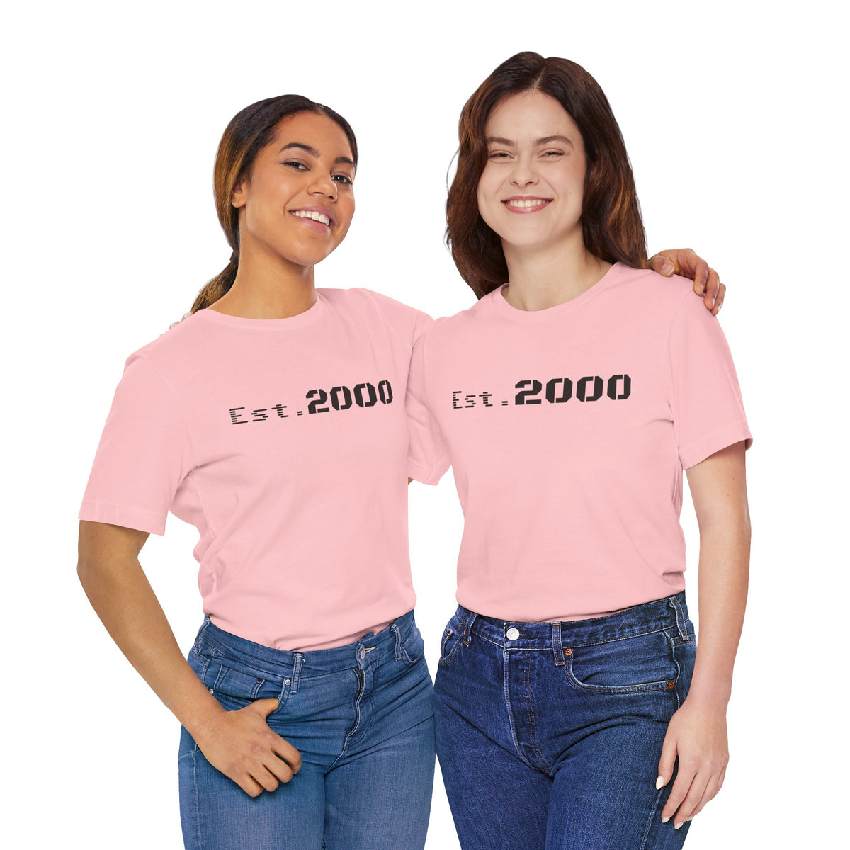 Retro pixel design T-shirt for 2000 born individuals, featuring "Est. 2000" text on a casual Printify T-shirt.