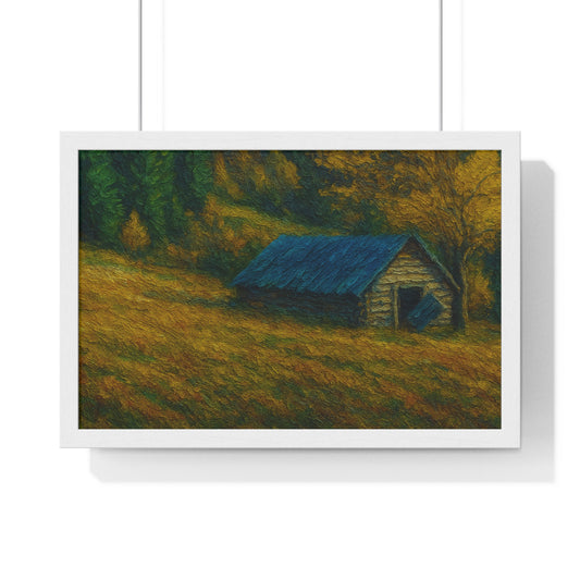 Rustic Cabin Framed Poster, Nature Wall Art, Cozy Home Decor, Gift for Farmhouse Lovers, Autumn Landscape Print - TRV