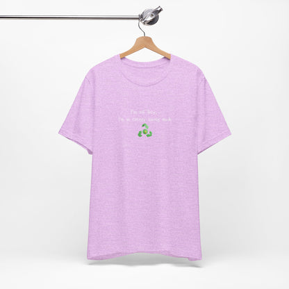 Eco-friendly mock T-shirt with humorous "I’m Not Lazy, I’m an Energy-Saving Mock" print, casual fit and eco-conscious design.