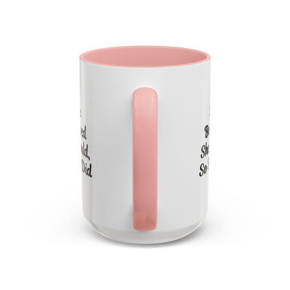 White ceramic motivational coffee mug with black text reading "She Believed She Could, So She Did" from Printify.