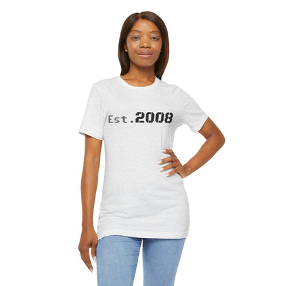 Black printed T-shirt from Printify featuring "Established 2008" graphic design, casual crewneck style.