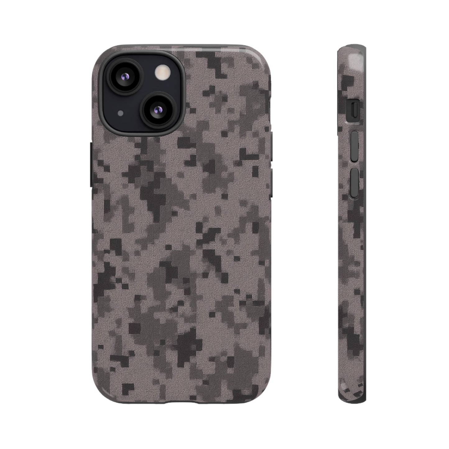 Gray digital camouflage phone case by Printify, tough protective cover for smartphones with a rugged camouflage design.
