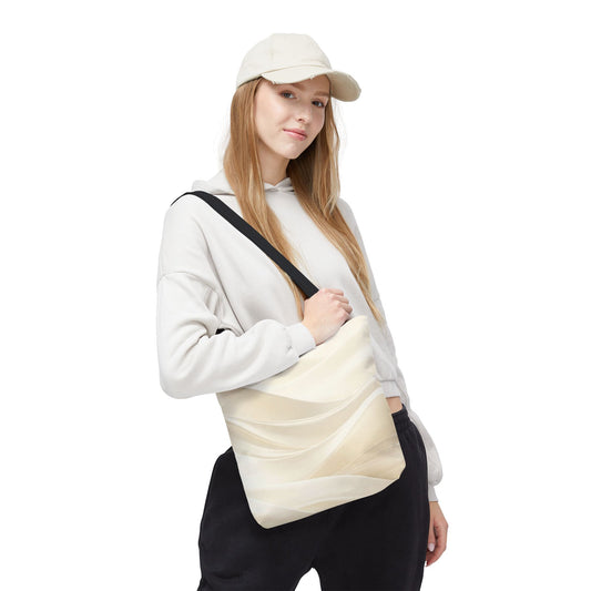 Cream abstract waves tote bag with neutral swirl pattern, stylish and spacious bag by Printify featuring a modern design.