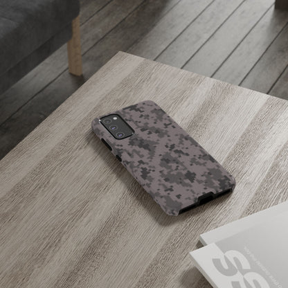 Gray digital camouflage phone case by Printify, tough protective cover designed for smartphones.