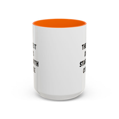 Ceramic coffee mug with "The Best Days Start With Coffee" print, 11oz, white accent mug by Printify, showing a close-up of the design.
