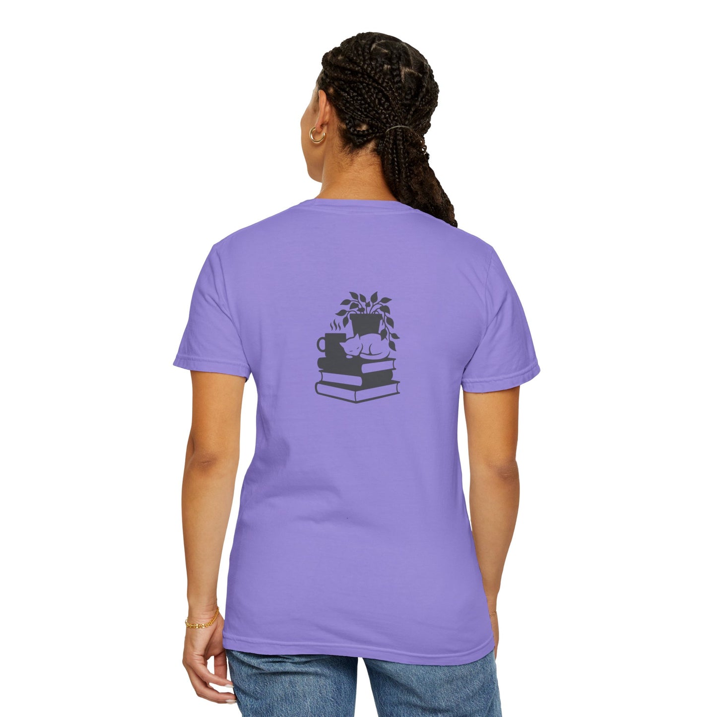 Cozy Cat on Books T-Shirt | Reading Tea Stack Illustration