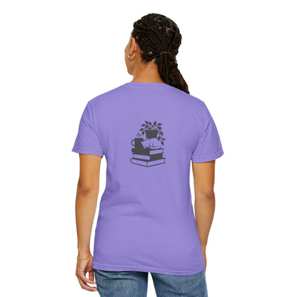 Cozy Cat on Books T-Shirt | Reading Tea Stack Illustration