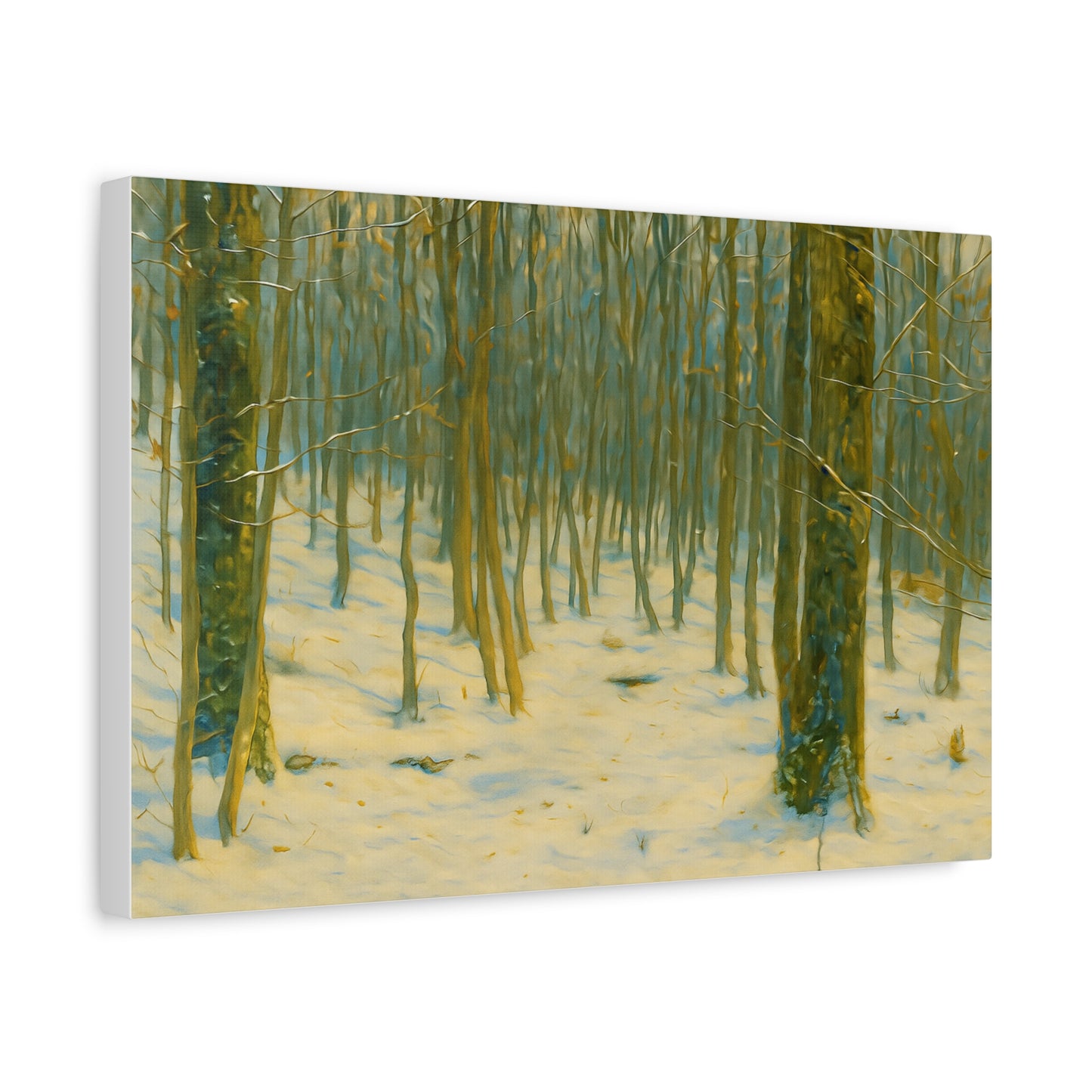Snowy winter forest canvas print by Printify, featuring a stretched matte canvas with a snowy forest scene.