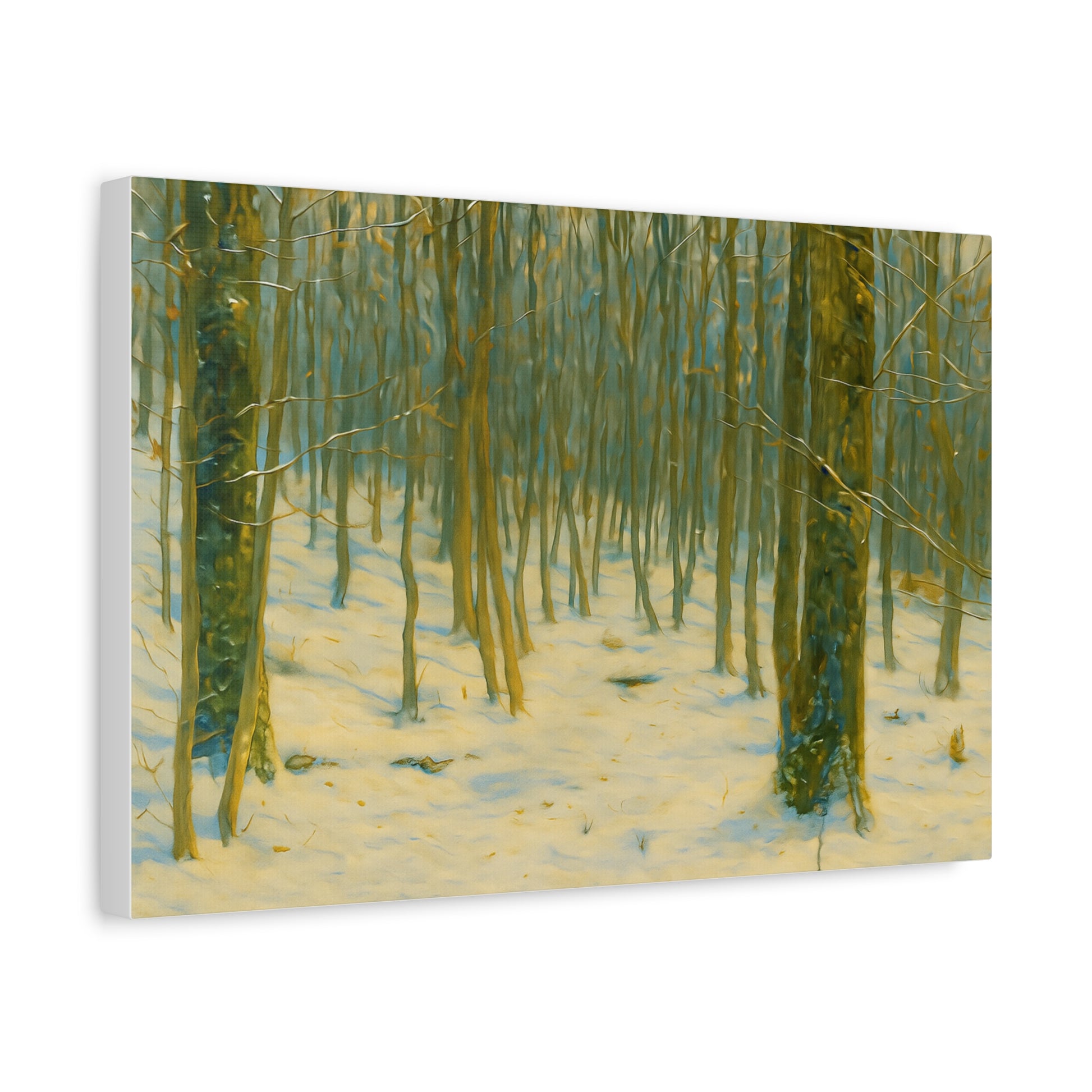 Snowy winter forest canvas print by Printify, featuring a stretched matte canvas with a snowy forest scene.