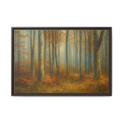 Framed autumn forest canvas print featuring misty woodland scene, wall art from Printify with vibrant fall colors and natural scenery.