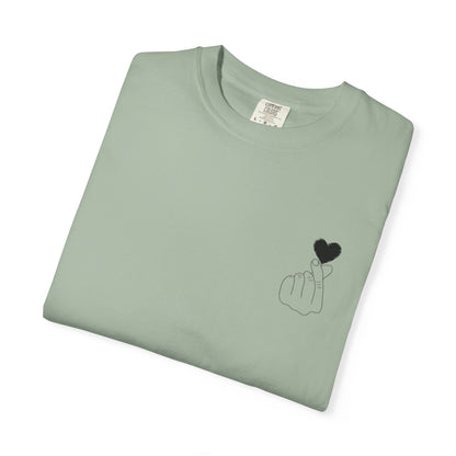 Black T-shirt with minimal finger heart graphic design, casual men's or women's tee from Printify.